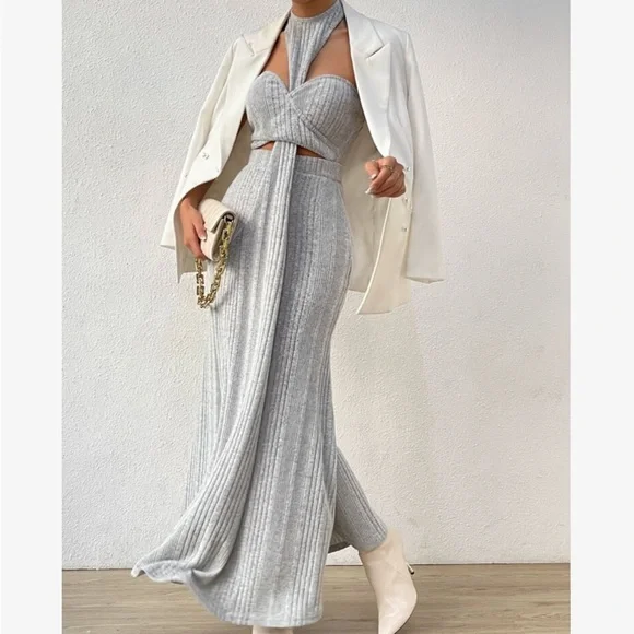 Sexy Sweetheart Cut Out Ribbed Knit Halter Maxi Dress Gray | Color: Gray | Size: M | Shah2122'S Closet
